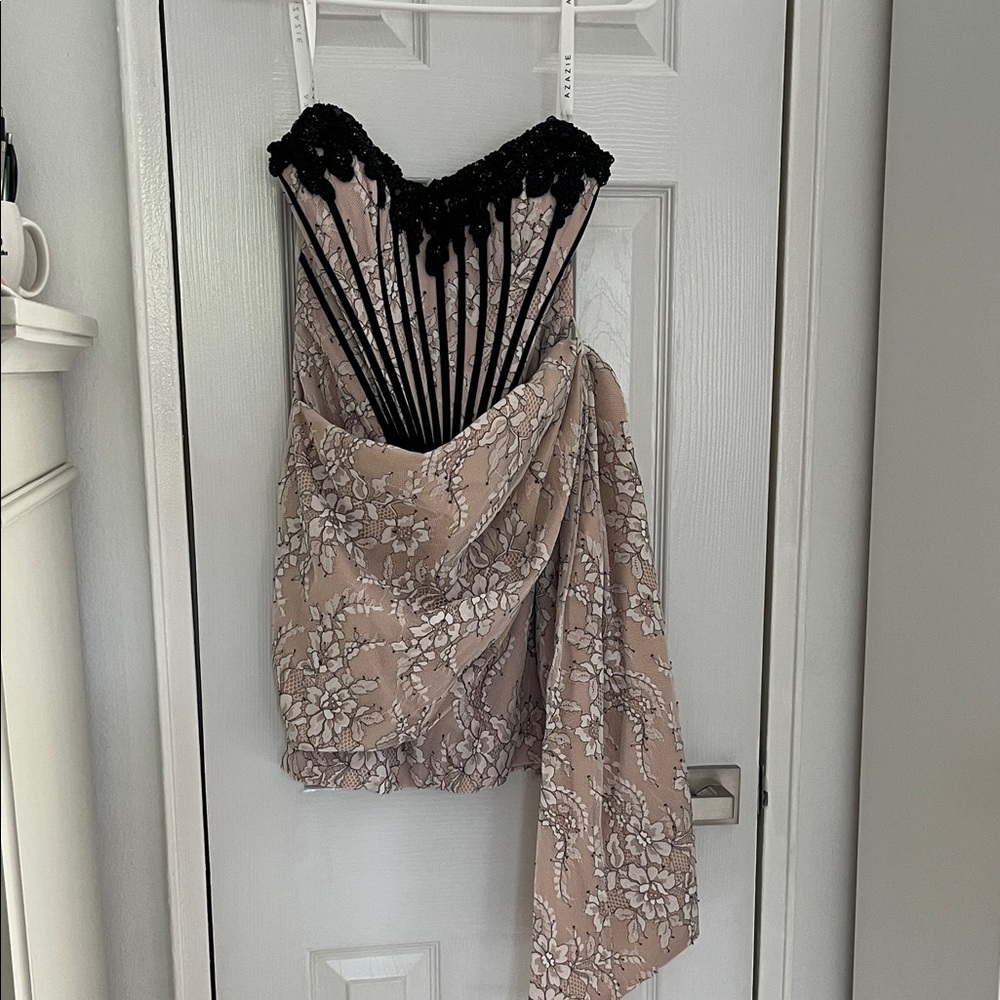 Azazie Strapless Dress in Black and Tan